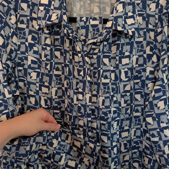 J. McLaughlin Belle Blue White Geometric Tulip Maxi Shirt Dress Sz L Cottagecore - Picture 5 of 8